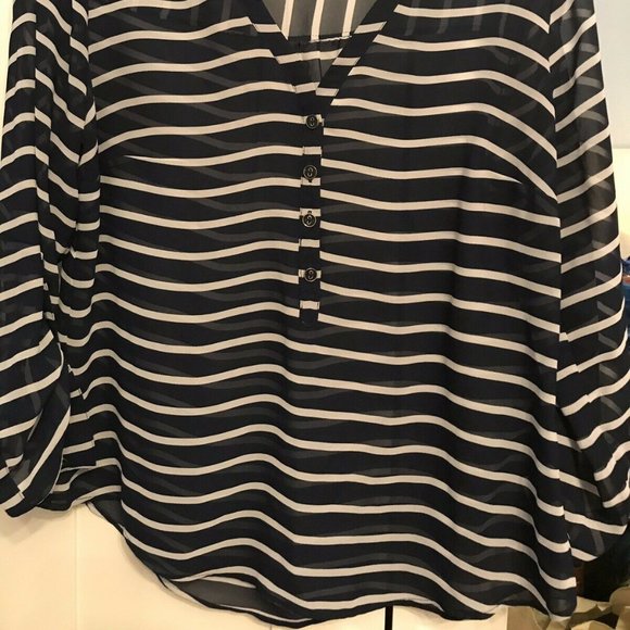 A.N.A. NAVY/WHITE‎ V-NECK SHEER BLOUSE SIZE MP-EUC - Picture 2 of 6